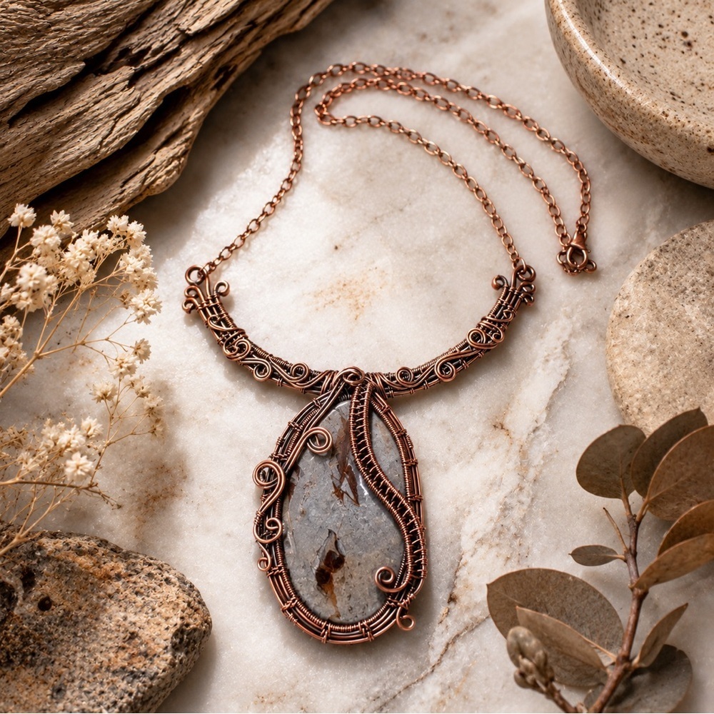 Artisan Jewelry 🤎 Picture Jasper Antiqued Copper Wire Large Pendant Necklace 🤎